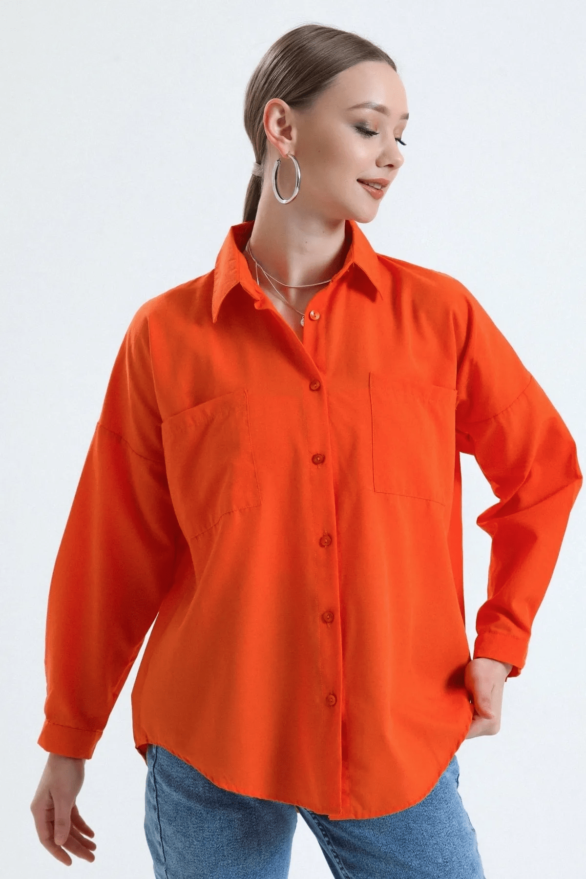 Kadın Turuncu Cepli Oversize Uzun Basic Poplin Gömlek