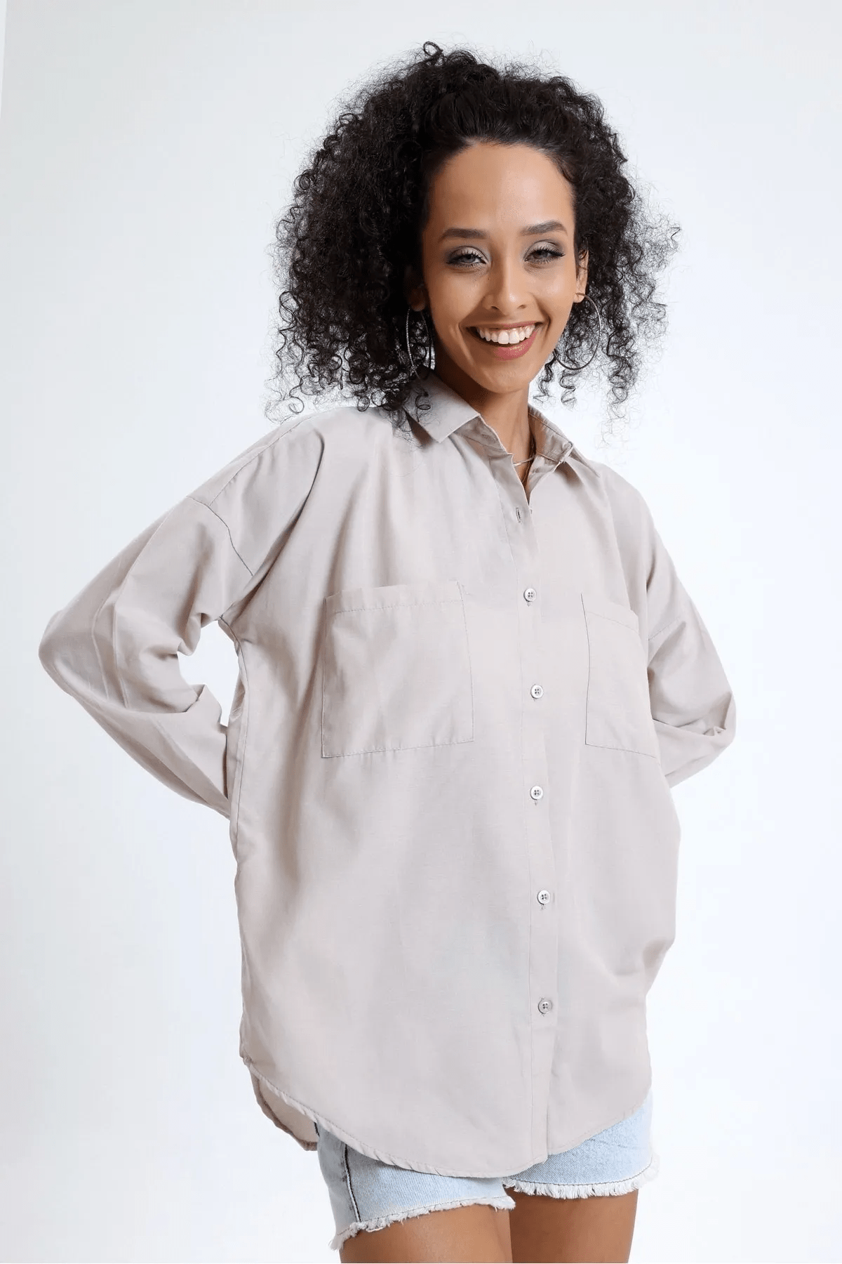 Kadın Bej Cepli Oversize Uzun Basic Poplin Gömlek
